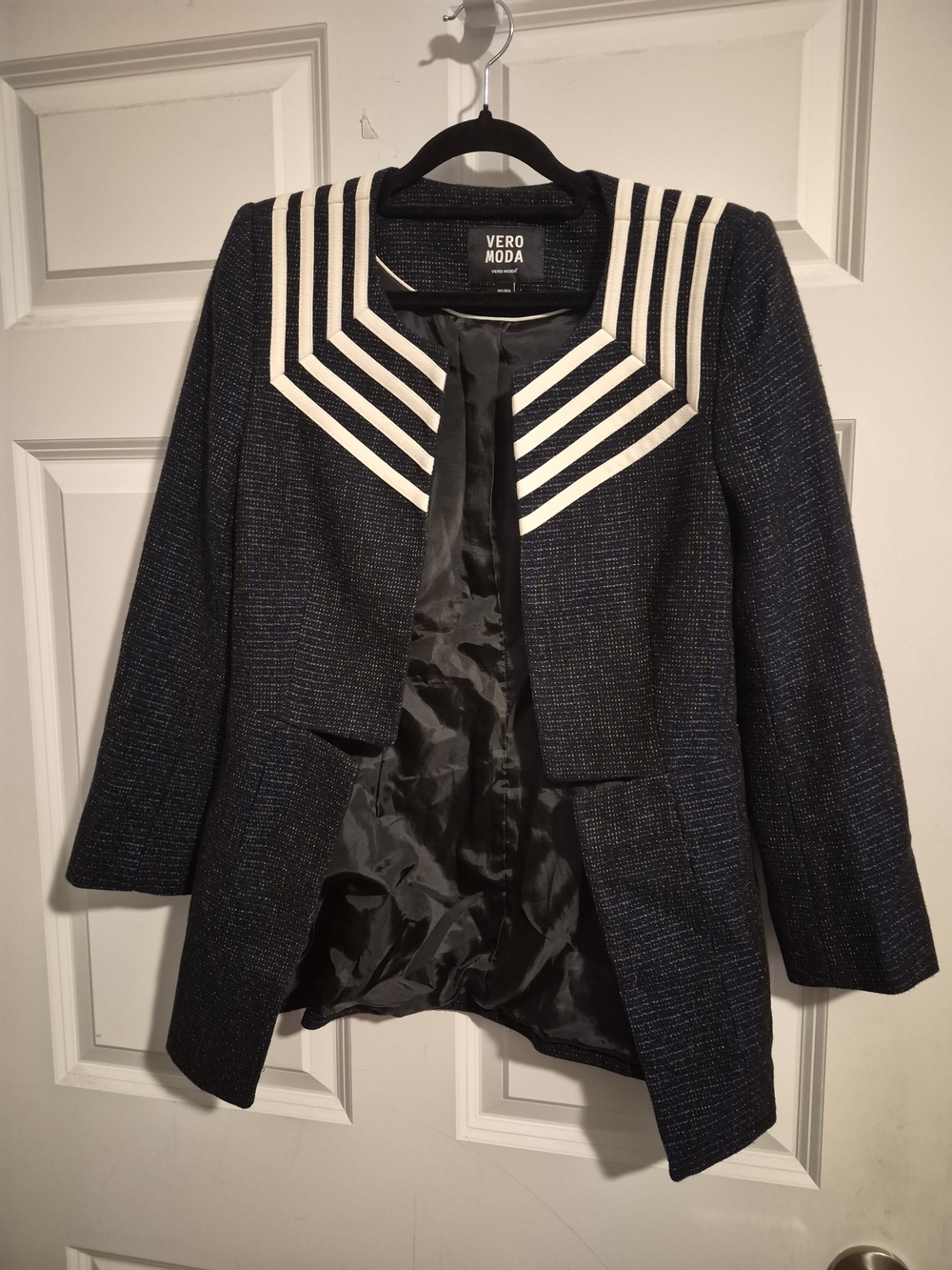 Vero Moda Navy Tweed Blazer with Cream Striped Collar